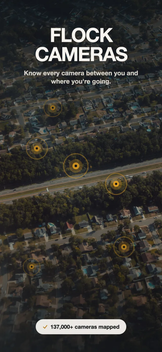 Satellite map of a suburban road with amber pins marking Flock and ALPR camera locations