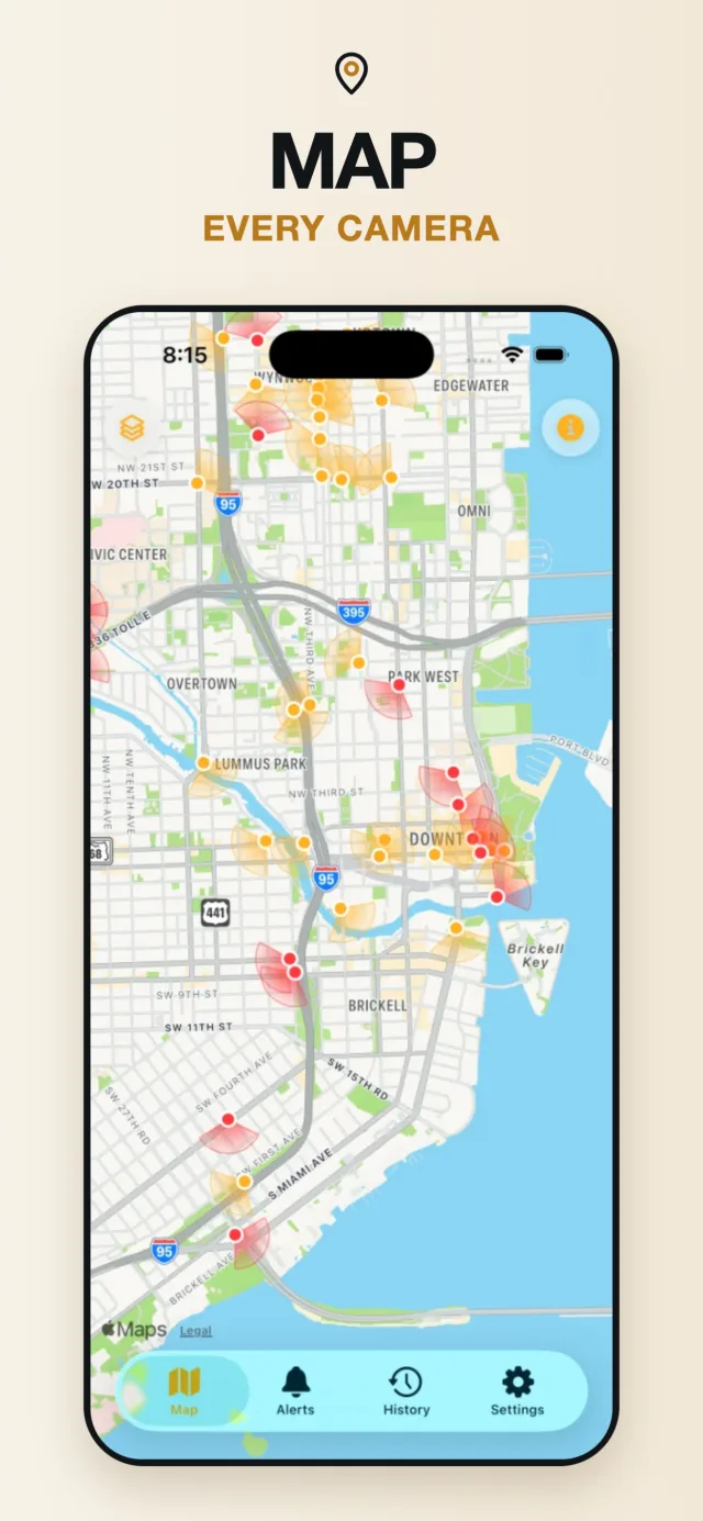 Flock Camera app showing a map of license plate readers in downtown Miami