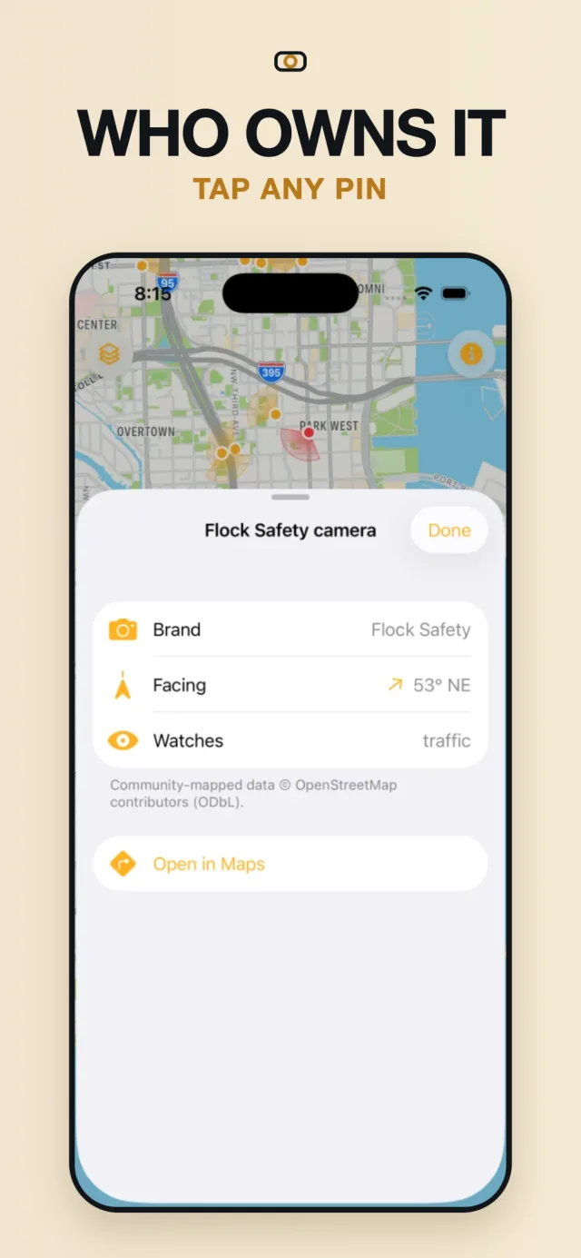 Camera detail sheet showing brand Flock Safety, facing 53 degrees northeast, and what the camera watches