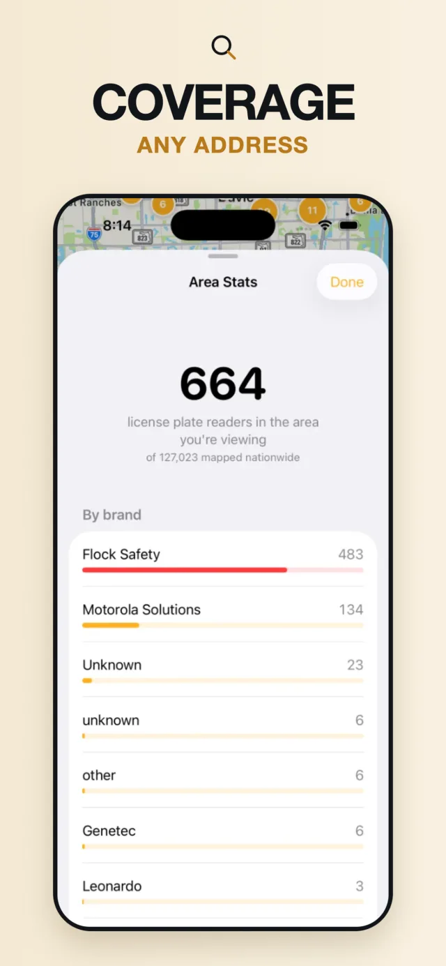 Area statistics showing 664 license plate readers in view, broken down by brand
